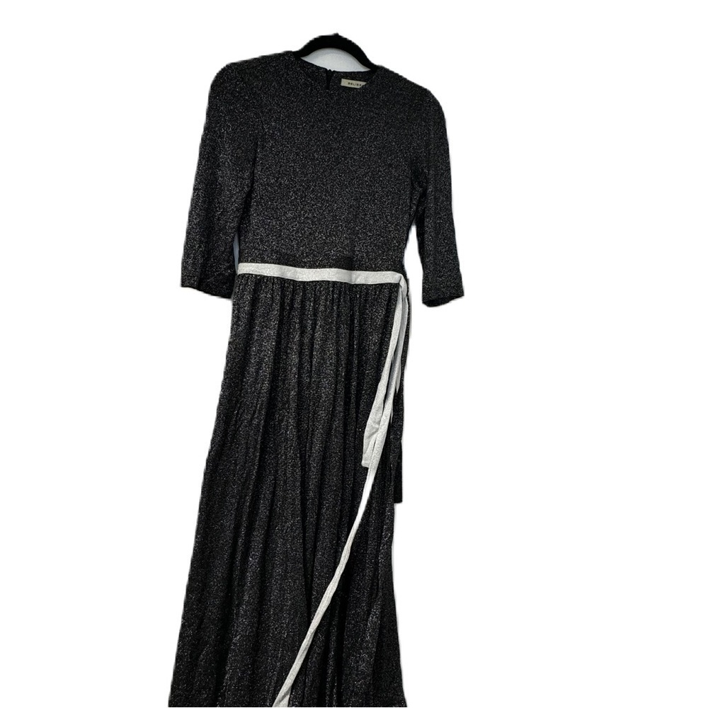 Belissa woman's S black sparkle LBD long fancy holiday party pleated belted fun